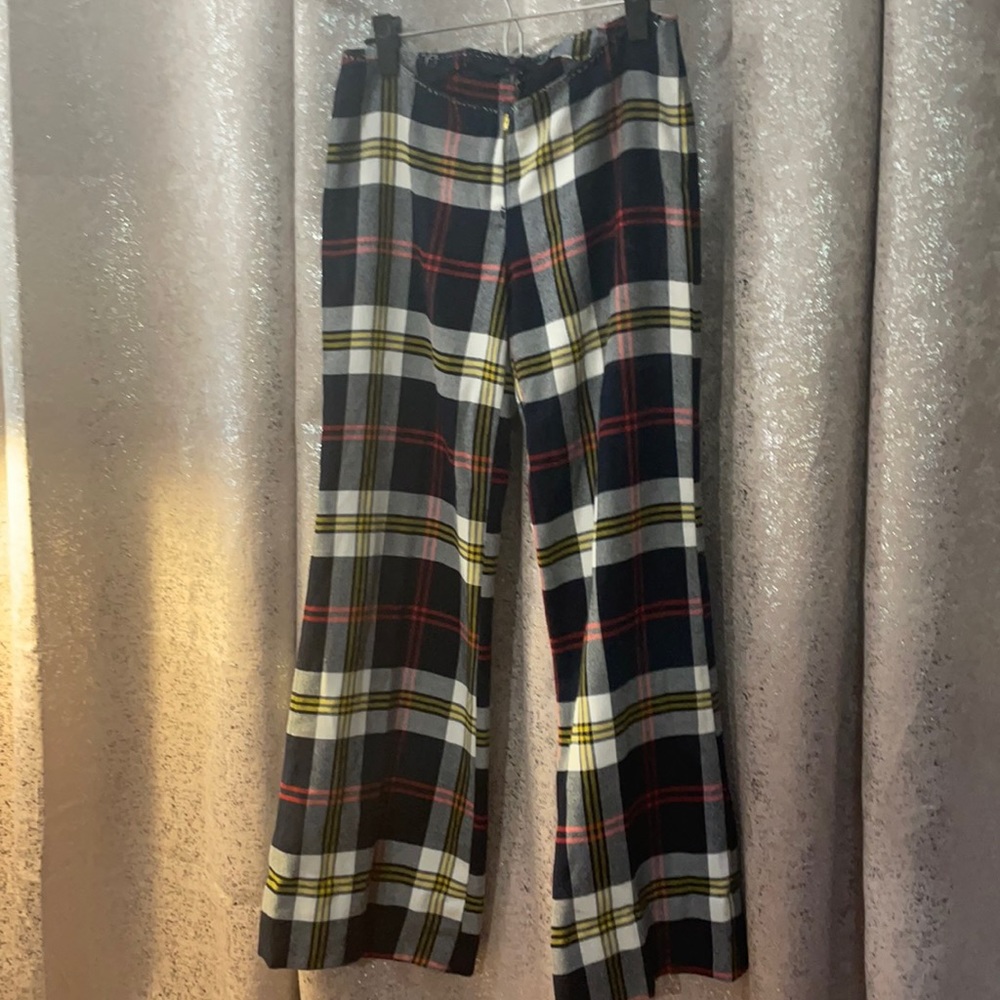 TRUE VINTAGE altered low rise 70s disco plaid wide leg bell bottomed wool pants